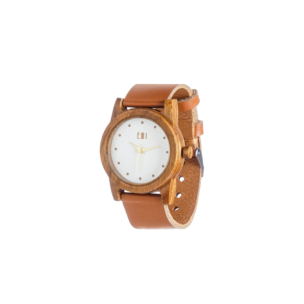 Emi Watch Jam Tangan Kayu Mini Kalpa White Dial Strap Kulit Sapi Tan
