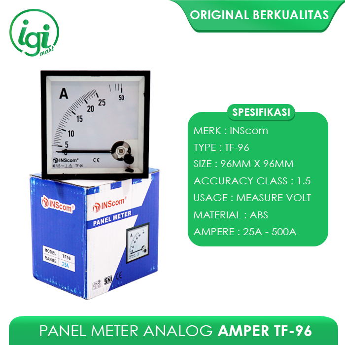 PANEL METER ANALOG AMPER DIRECT 96X96 JARUM 50A - 500V