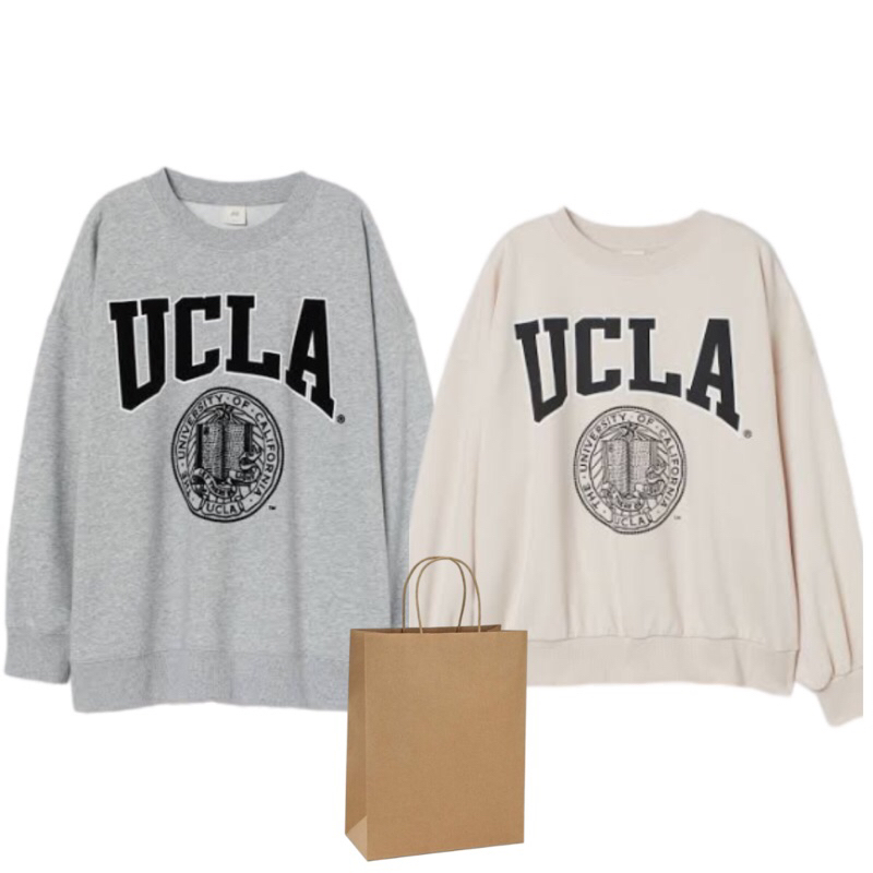 (4.4) Crewneck Sweater Pria Wanita HM Ucla Cream Grey HnM Free Paperbag