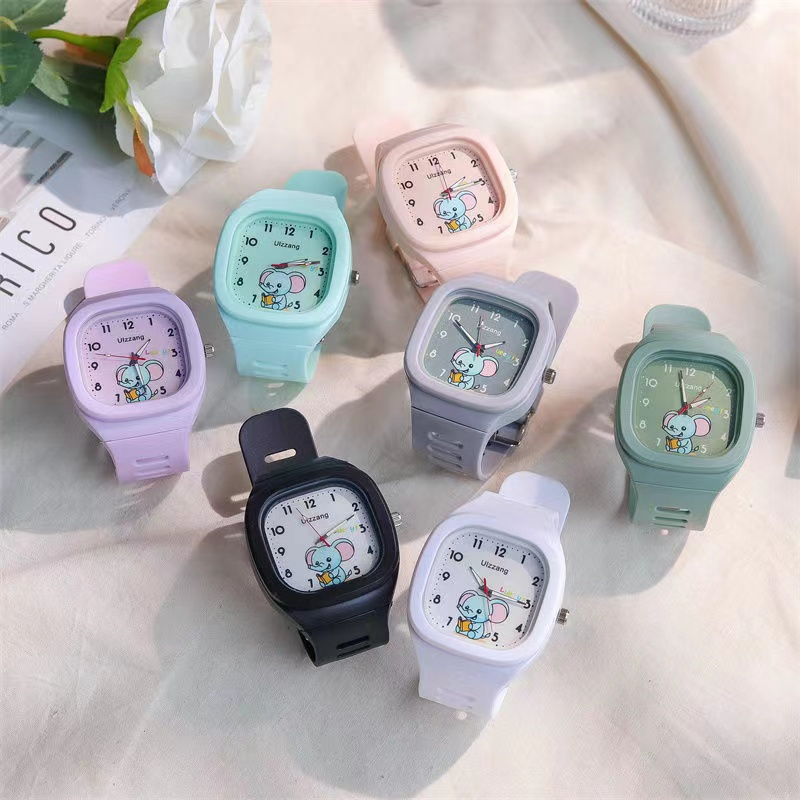 Acc106 Jam Tangan Wanita Sport Kotak Ulzzang Gajah Jam Tangan Wanita Quartz dengan Strap Karet Rubbe