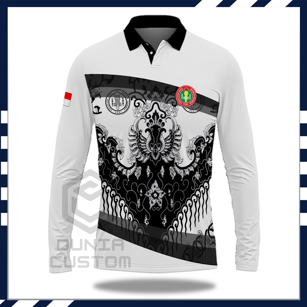 Kaos Baju Polo Pria Motif Batik PGRI Lengan Panjang Fullprint