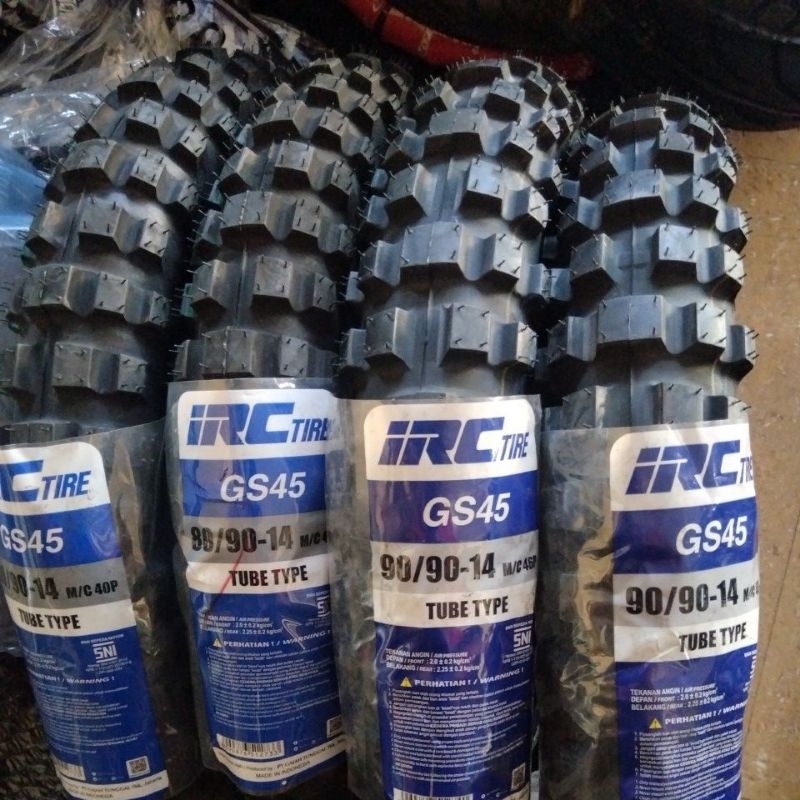 Paket Sepasang Ban IRC GS45 Ring 14 Tube Type (70/90/80/90/80/90/90-14) Ban Set Luar Motor Trail Tril Trill Trial Matic Metik Depan Belakang GS 45 GS-45 Motocross Moto Cross 275 300 Ring14 Tubetype