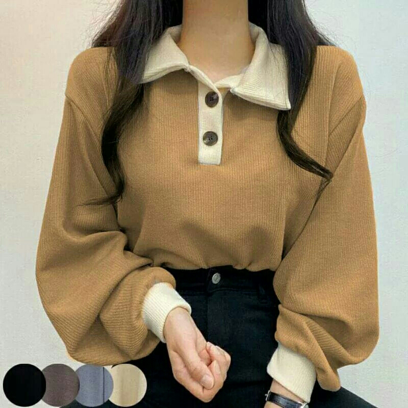 Sweater wanita Oversize / Sweater Korea Viral / Sweater Kancing Polos Kerah