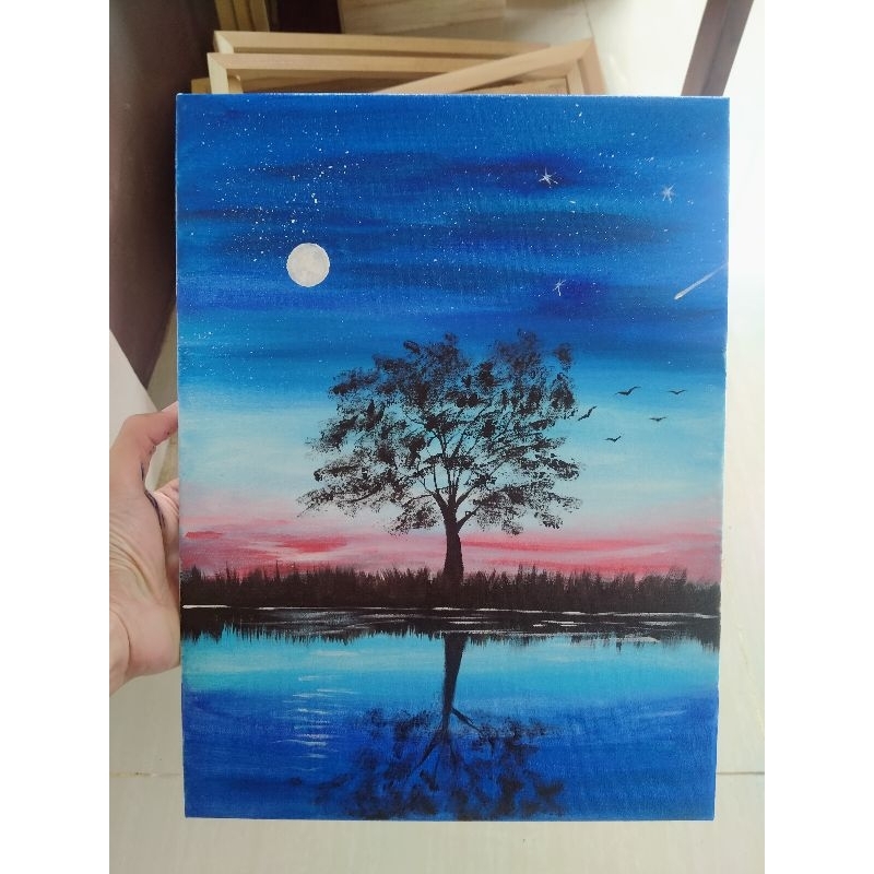 30x40 Lukisan Pemandangan Malam di Kanvas Sederhana Murah