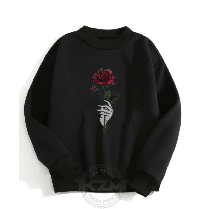 jaket switer crewneck pria bunga mawar bahan katun flecee tebal