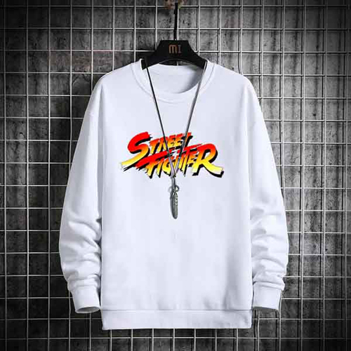 SWEATER CREWNECK Street Fighter SWEATSHIRT UNISEX WHITE PREMIUM COTTON FLEECE