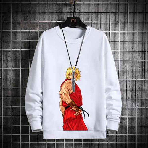 SWEATER CREWNECK Street Fighter Ken SWEATSHIRT UNISEX WHITE PREMIUM COTTON FLEECE
