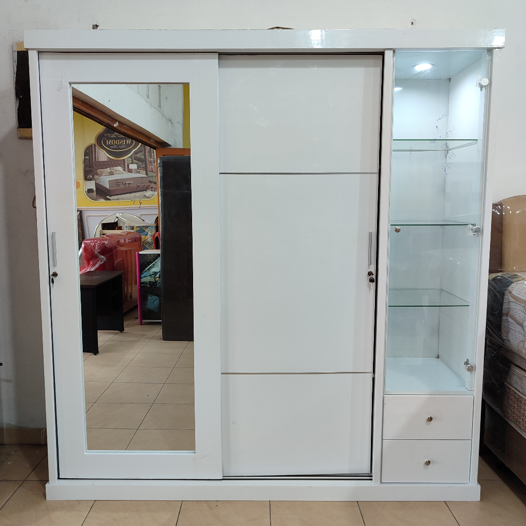 Lemari Pakaian 3 Pintu Set Kaca Hias Tempahan