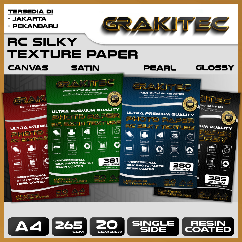 

Kertas Foto Silki Texture A4 Professional Silki, Glossy Photo Paper 265 A4, Doff Halus, Canvas, Doff Kasar / Luster Resin Coated