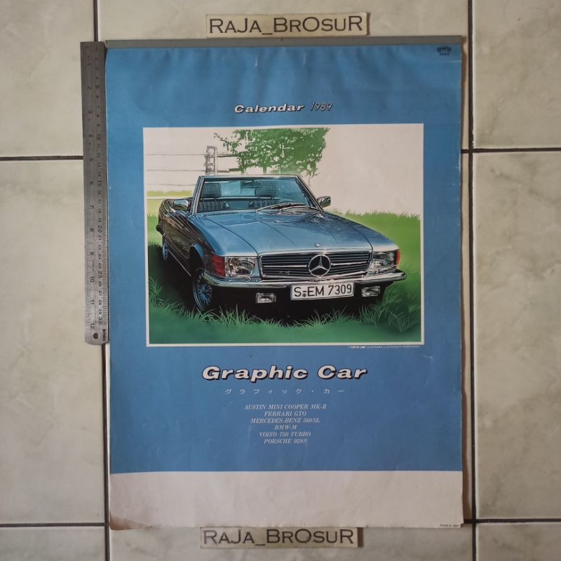 Kalender jadul lawas tahun 1989 lengkap poster iklan Austin Mini Cooper MK II/Ferrari GTO/Mercedes B
