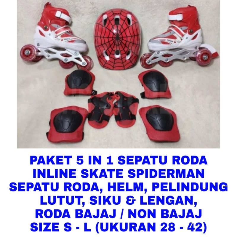 WK PAKET 5 IN 1 SEPATU RODA SPIDERMAN INLINE SKATE FULL SET HELM DEKKER MAINAN KADO ULTAH ULANG TAHU