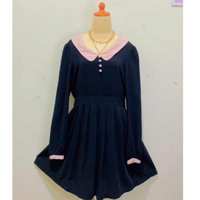 Dress midi vintage bahan premium cotton polyester tebal kerah sailor peterpan collar motif polos war