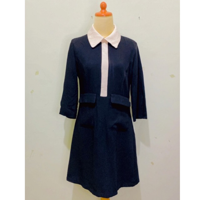 Dress midi vintage bahan premium cotton polyester tebal kerah sailor peterpan collar motif polos war