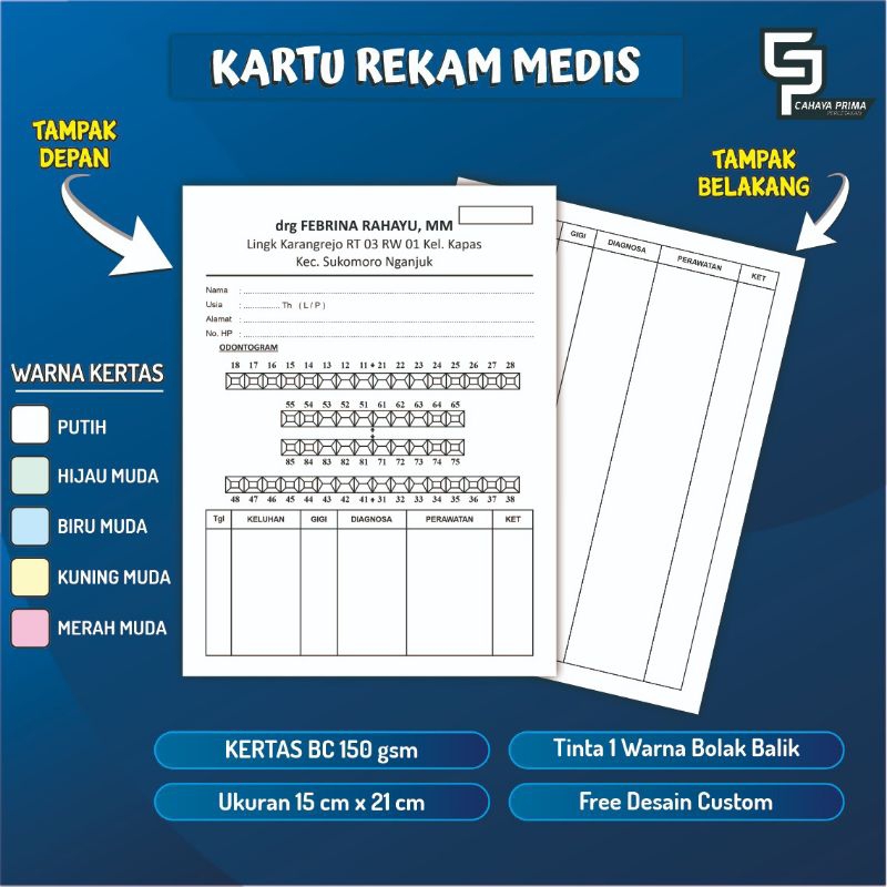 

Kartu Rekam Medis [ Paket dapat 200 lembar ] Medical Record Card pasien klinik kecantikan klinik gigi