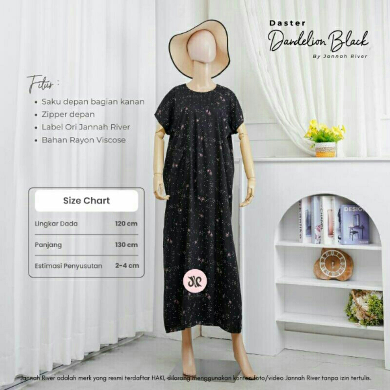Daster Jannah River Motif Dandelion Black || Jannah River Daster Premium Panjang 130cm