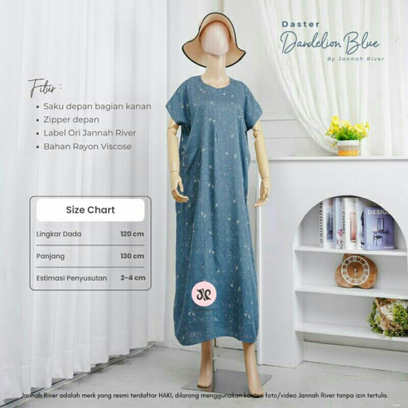 Daster Jannah River Motif Dandelion Blue Panjang 130cm || Jannah River Daster Kekinian