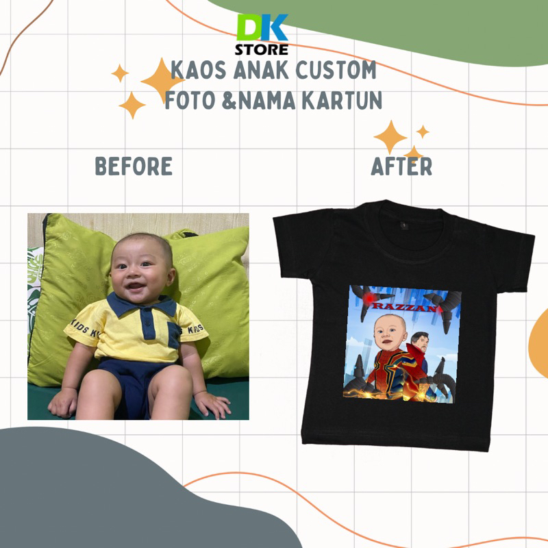 kaos anak custom foto dan nama jadi kartun