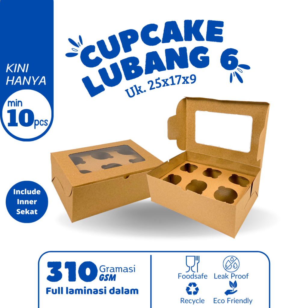 

Kotak Cupcake Muffin Box Pudding Pie Kraft Coklat Lubang 6 25x17x9 CM