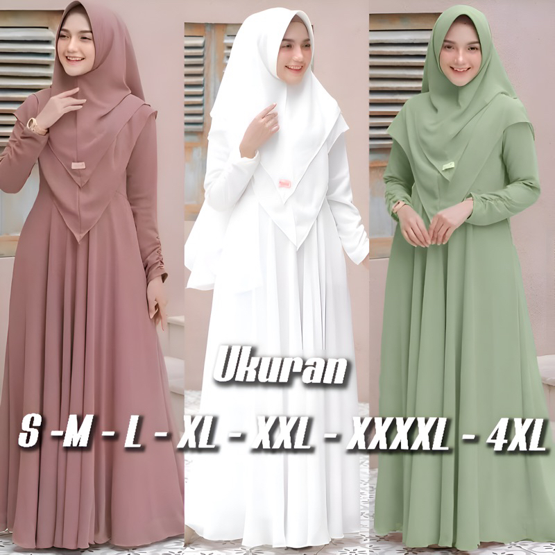 GAMIS SYARI UKURAN M L XL XXL XXXL 4XL PLUS KHIMAR BUSUI POLOS JUMBO SET KEKINIAN KONDANGAN PESTA TE
