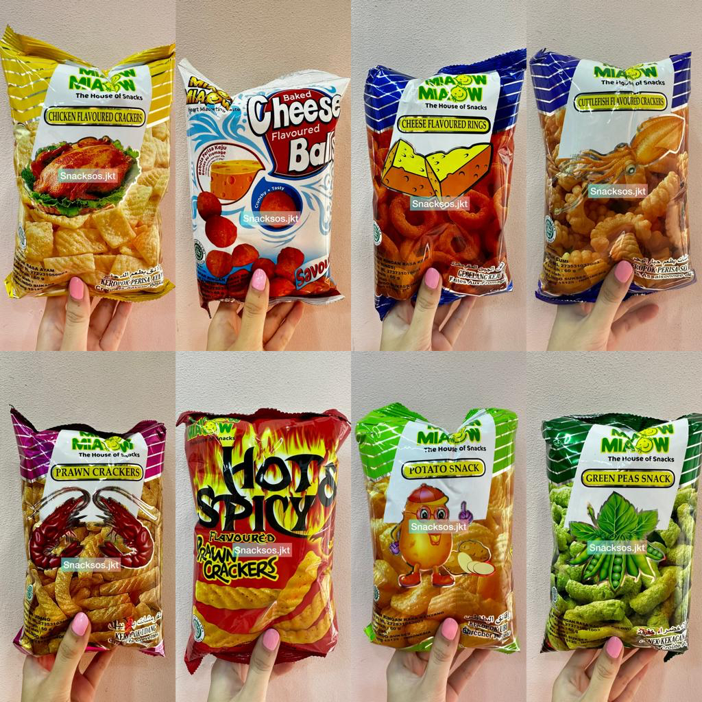 

MIAOW CHICKEN CRACKERS / CHEESE BALLS / CHEESE RING / CUTTLEFISH / PRAWN CRACKERS / HOT & SPICY / POTATO SNACK / GREENPEAS / PIZZA / SAMBAL BALADO PRAWN