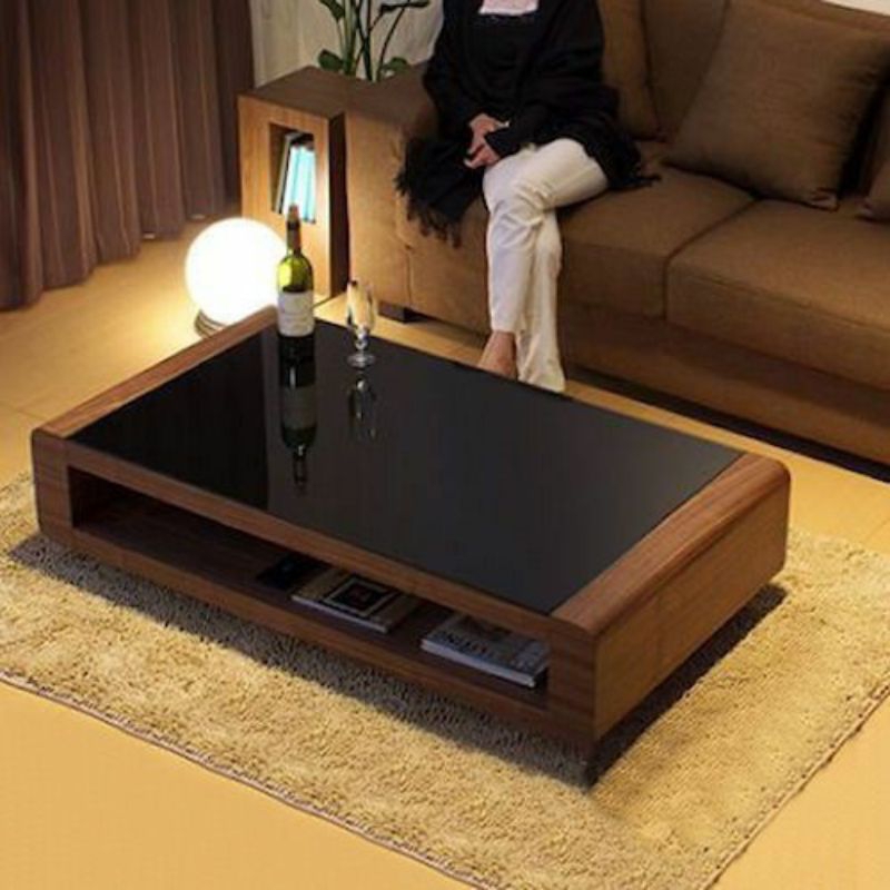 Meja Tamu Minimalis Modern Kayu Jati - Meja Coffee Table Elegan Top Kaca Hitam Rak Bawah - Coffee Ta
