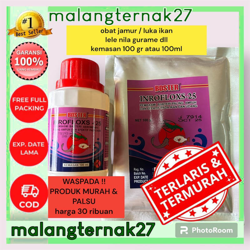 boster inrofloxs 25 cair serbuk obat jamur bakteri ikan udang lele nila gurame koi