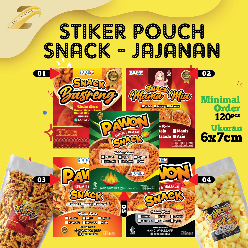 

Stiker Label Snack Jajanan Kemasan Pouch Plastik Product Makaroni Basreng Keripik Pisang