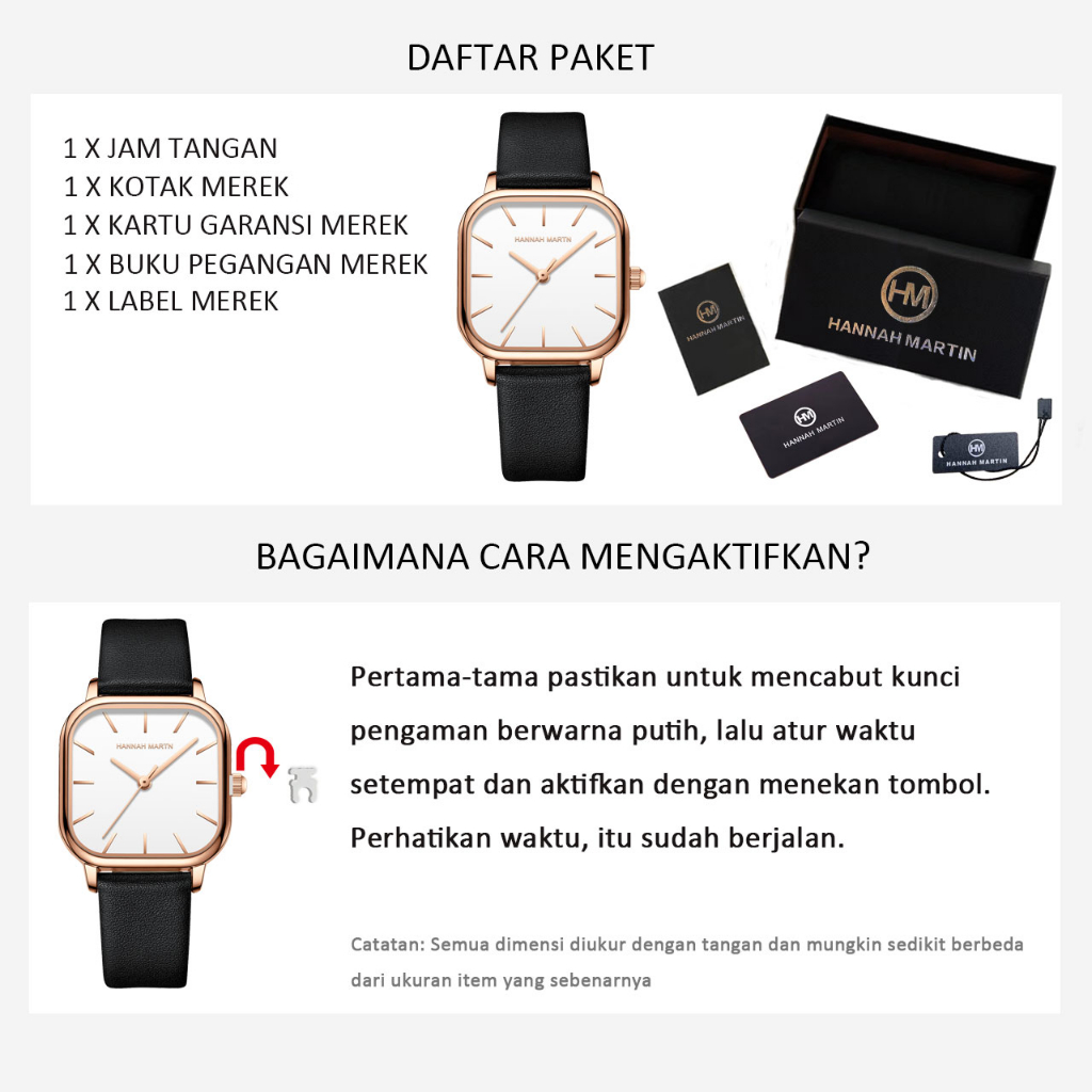 HANNAH MARTIN Jam Tangan Wanita 100% Original Klasik Mode Display Kuarsa Santai Jam Tali Kulit Tahan Air Jam Tangan Cewek 1591-6