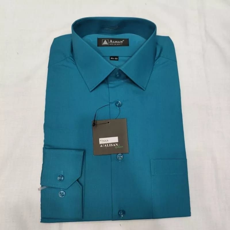 Kemeja Alisan Hijau Toska Polos Lengan Panjang