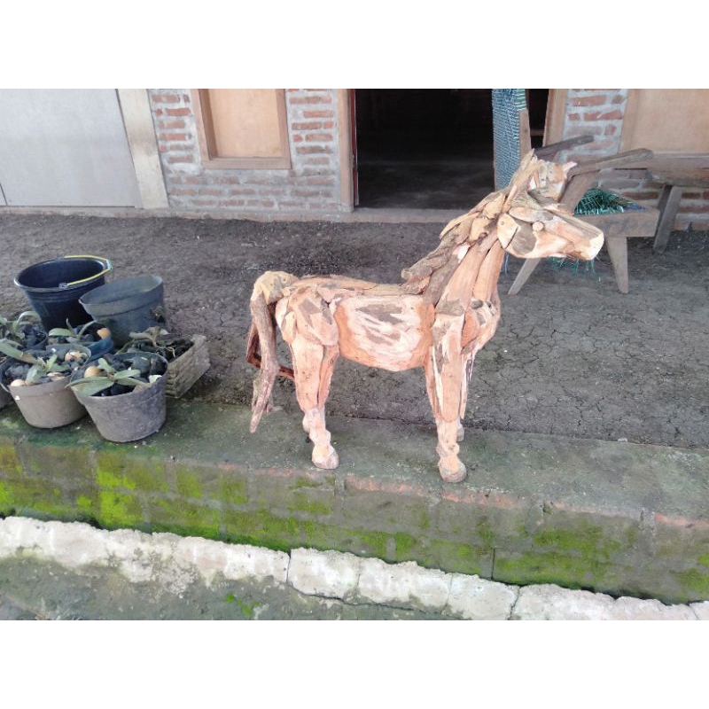 patung kuda kayu jati tempel kecil