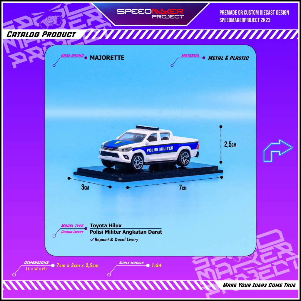 Majorette Custom Toyota Hilux Polisi Militer Angkatan Darat POMAD Diecast Miniatur Replika Mobil Pic