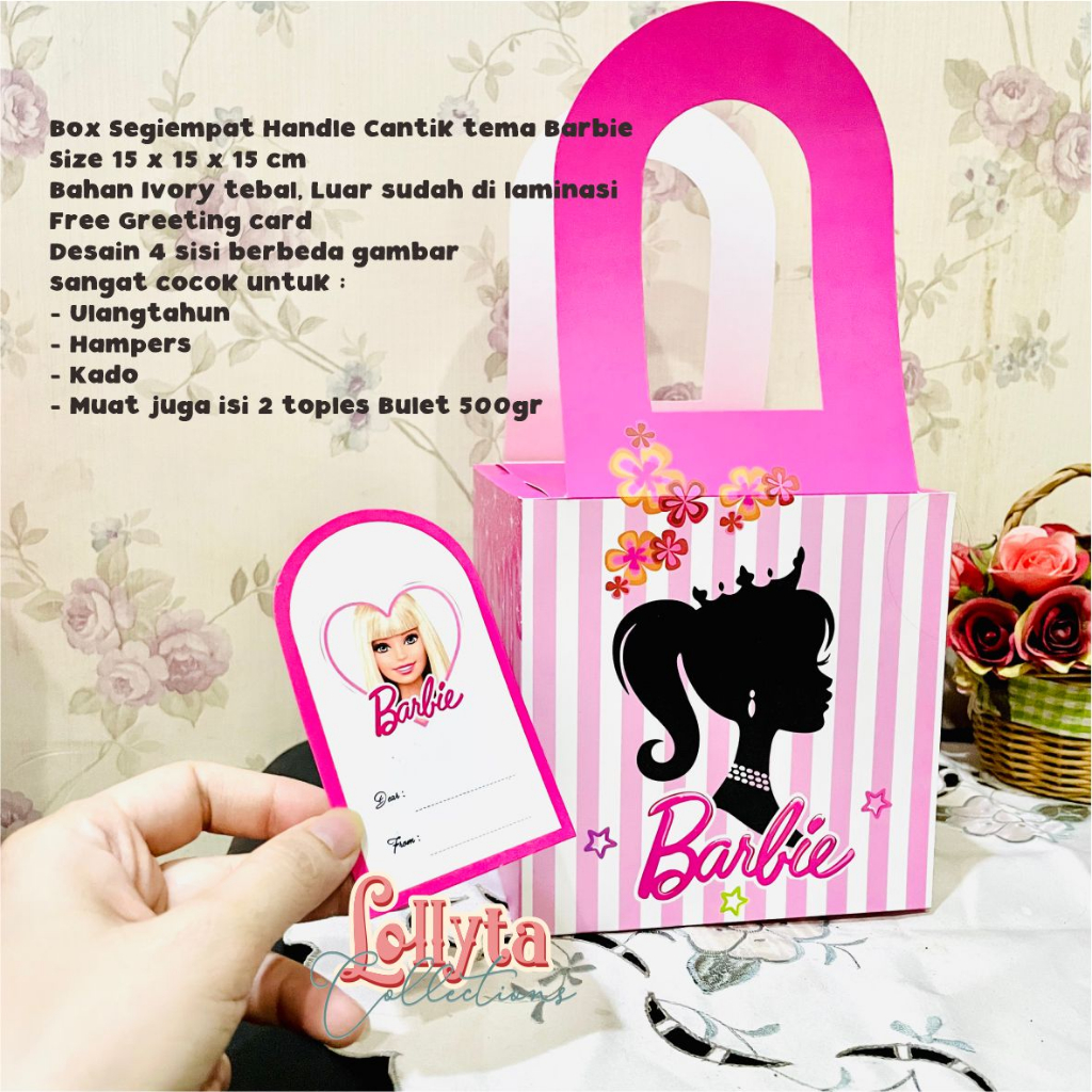 

Box Segiempat Handle 15 x 15 x 15 cm Tema Barbie / Kotak Hampers model Handle