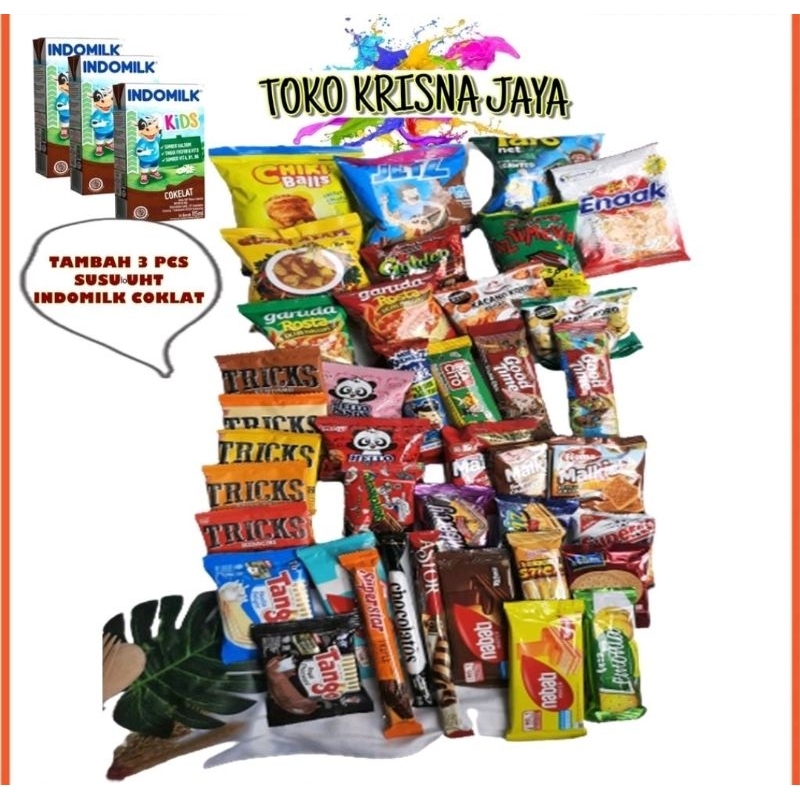

PAKET NGEMIL DAPAT 40 ITEM SNACK BERAGAM TAMBAHAN 3 SUSU UHT