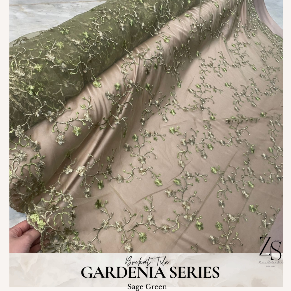 1/2 meter Kain Brokat Tile Two Tone Gardenia Bahan Kebaya Motif Bunga Floral Warna Hijau Sage Green
