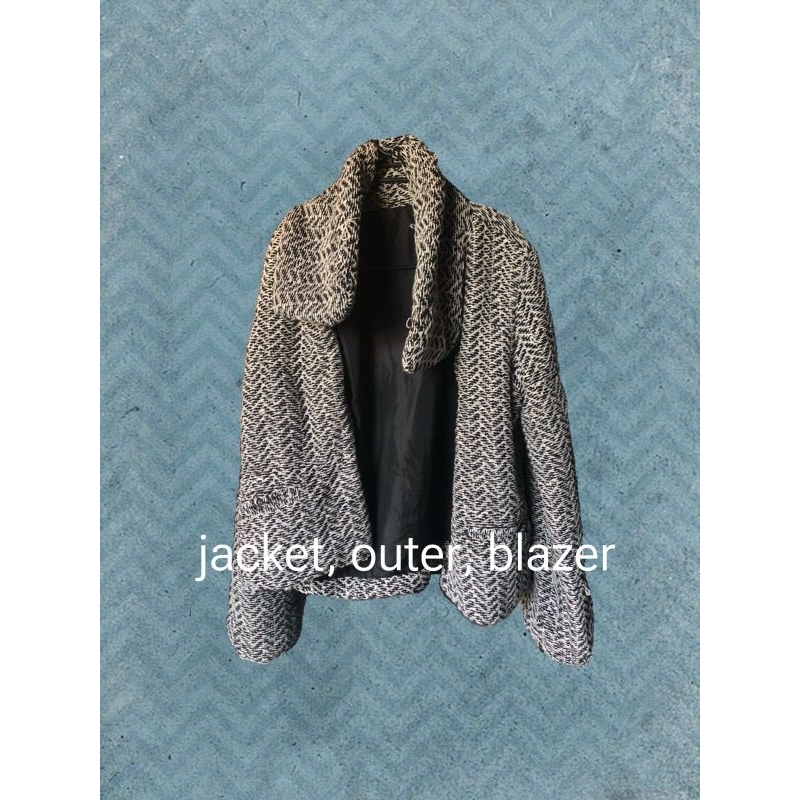 jacket, outer, blazer hitam putih rajut