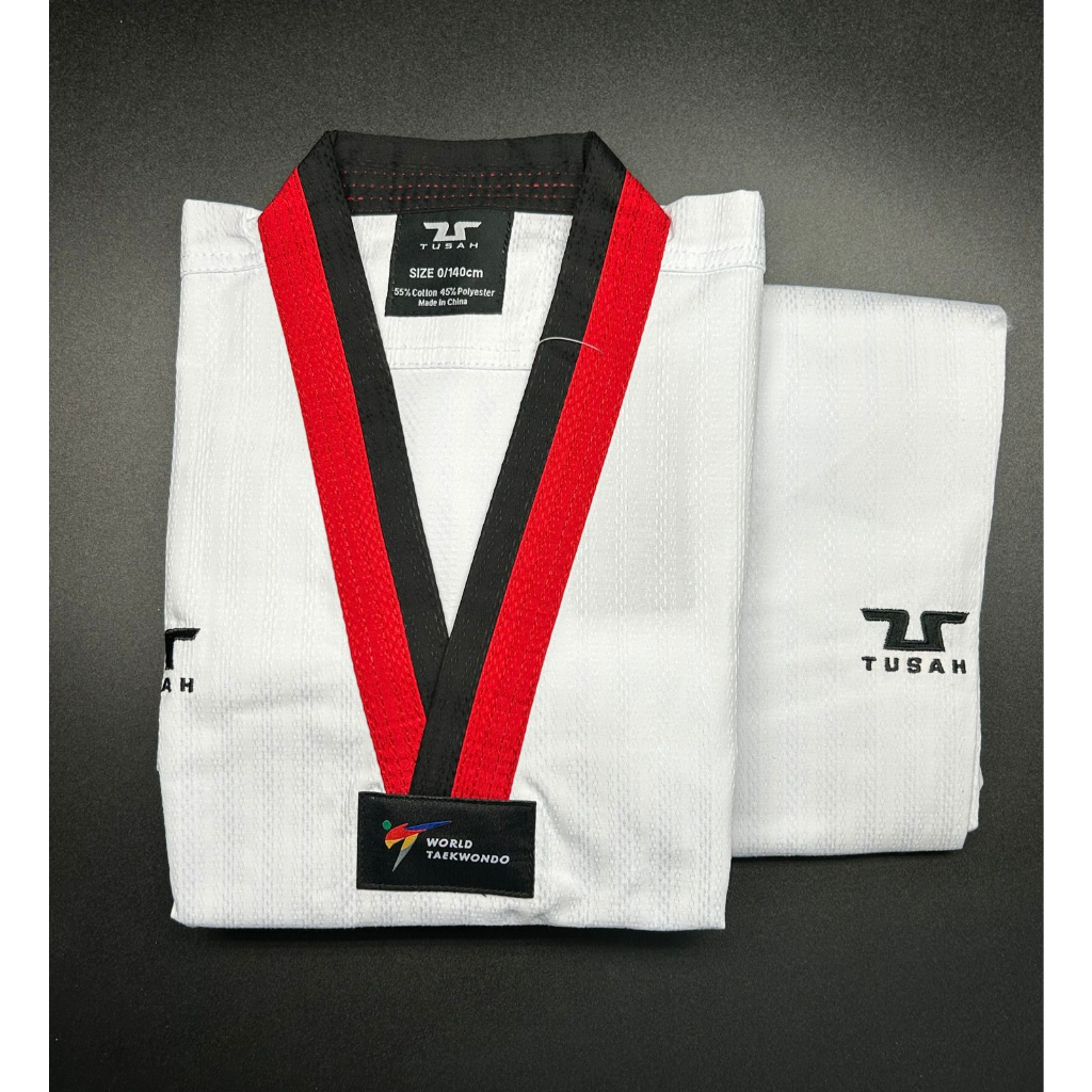 Tusah Terra Red Black Poomsae V-neck Dobok seragam taekwondo size 120-210