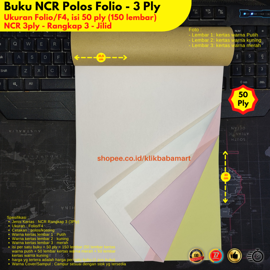 

BUKU NCR POLOS KOSONG RANGKAP 3 PLY UKURAN F4 FOLIO PUTIH KUNING MERAH