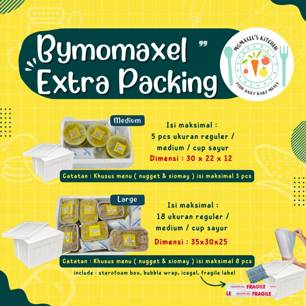 

EXTRA PACKAGING STEROFOAM BOX (TERMASUK ICEGEL, BUBBLE WRAP, FRAGILE LABEL)/FROZEN BABY & KIDS MEALS