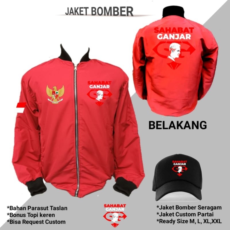 JAKET BOMBER MERAH LOGO SAHABAT GANJAR-JAKET GANJAR FREE TOPI FULL PRINT