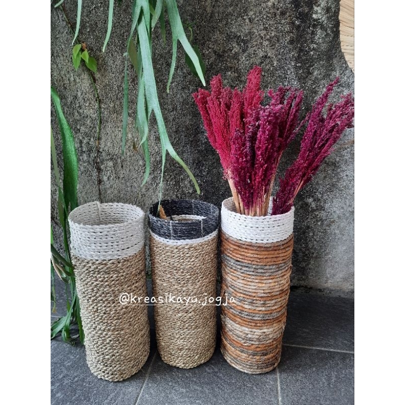 Vas Bunga /Cover Pot Tabung Anyaman  Seagrass/Pelepah Pisang /Wadah Bunga Kering/Cantel