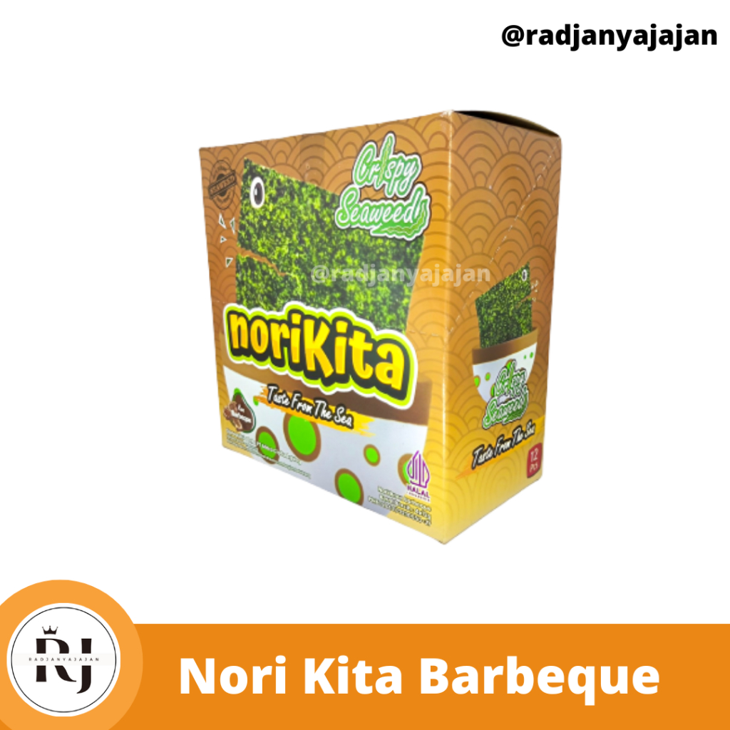 

NoriKita Crispy Seaweed Rasa Barbeque 1 Box Isi 12 Pcs| Rumput Laut | Rumput Laut Panggang | Nori | Nori Rumput laut | Nori halal | Nori Kita | Nori Seaweed