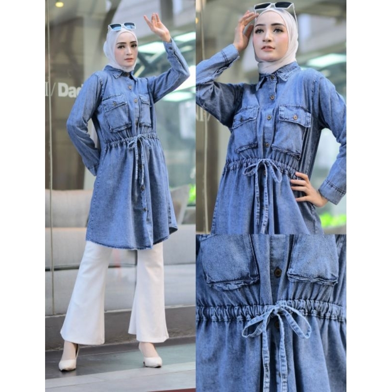Mona Jeans Tunik warna light blue biru long tunic cewe big size fit to XXL tali serut depan kancing 