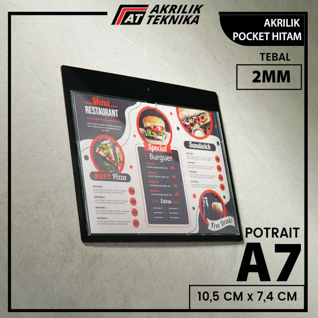 Akrilik Tempat Brosur Pocket Frame Menu Hitam - Ukuran A7