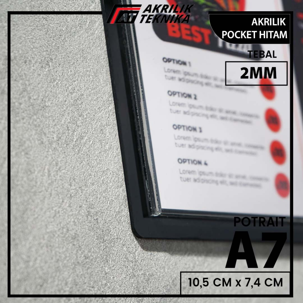 Akrilik Tempat Brosur Pocket Frame Menu Hitam - Ukuran A7