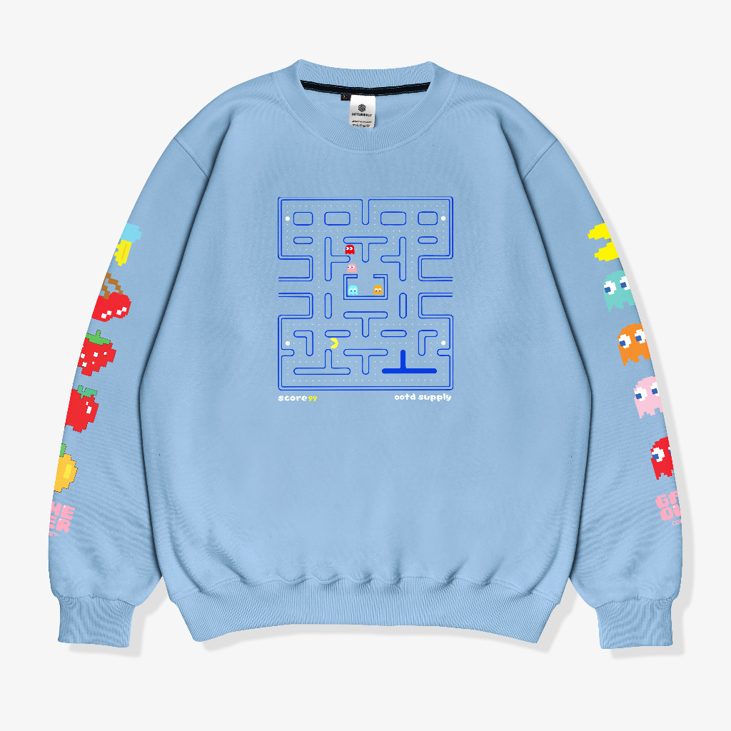 OOTDSUPPLY Crewneck Pac Man Black & Baby Blue | Sweater Pria & Wanita CN087