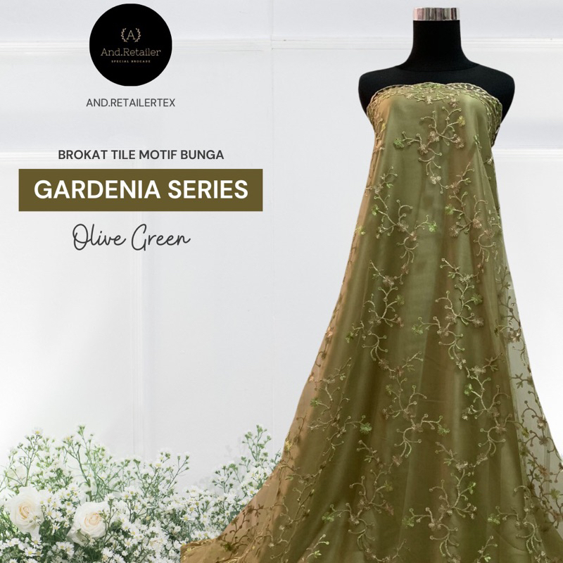 Bahan Kain Brokat Tile Gardenia 2 tone motif Bunga merambat Warna Olive