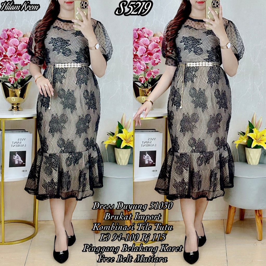 5219 #Dress Brukat Duyung Hitam Cream+Belt premium