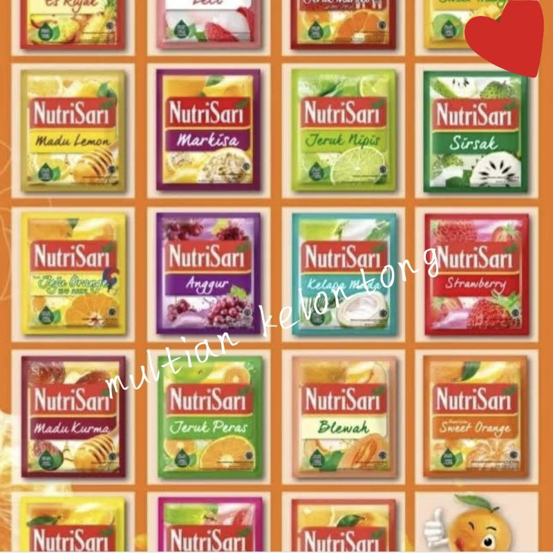 

NUTRISARI MINUMAN INSTANT SEGAR RASA BUAH JERUK / JERUK PERAS/ ANGGUR/ BLEWAH/ JERUK NIPIS/ ES CINCAU/ MANGGA / MANGGA GANDARIA / KELAPA / JAMBU / MILKY ORANGE / SEMANGKA