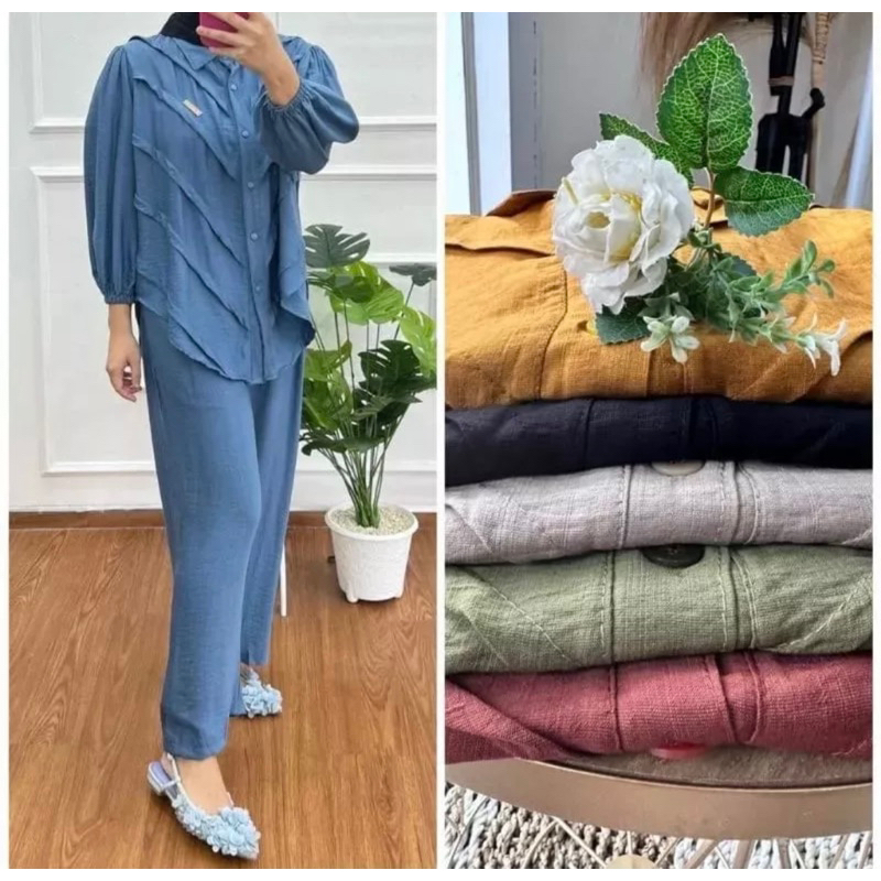 GADIZ ONE SET WANITA POLO LINEN PREMIUM FULL KANCING REMPEL LD 115 CM / SETELAN WANITA REMPEL TERLAR