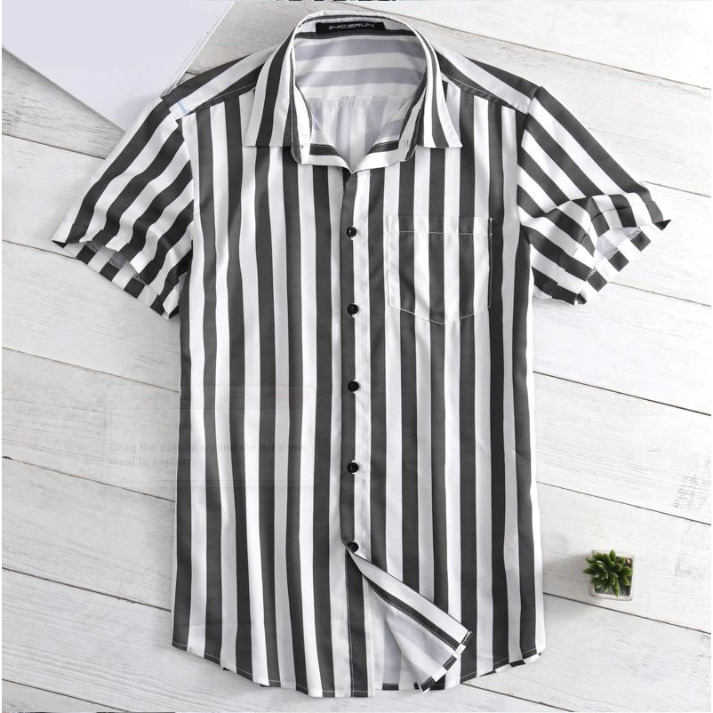 Kemeja Garis Salur Hitam Putih Lengan Pendek Casual Ganjar Pranowo Atasan Hem Cowok Stripe Black Whi